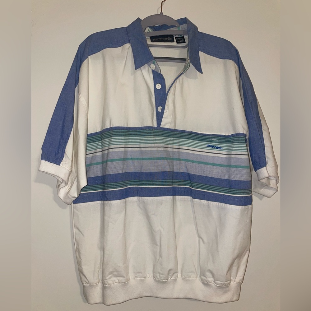 Pierre Cardin Blue and White Polo Shirt button up vintage